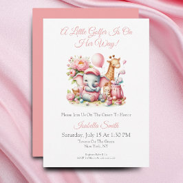 Invitación Niña Rosa Elefante y Giraffe Golf Baby Shower
