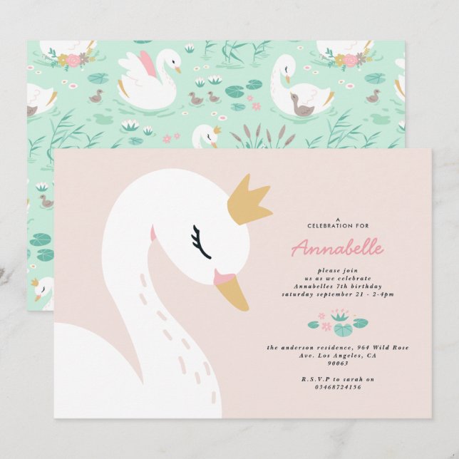 Invitación Niña rosa elegante lindo y hermoso bebé de cisne (Anverso / Reverso)