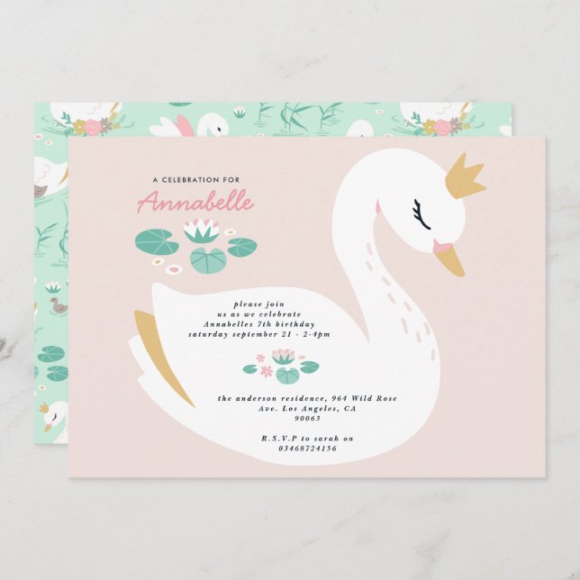 Invitación Niña rosa elegante lindo y hermoso bebé de cisne (Anverso / Reverso)