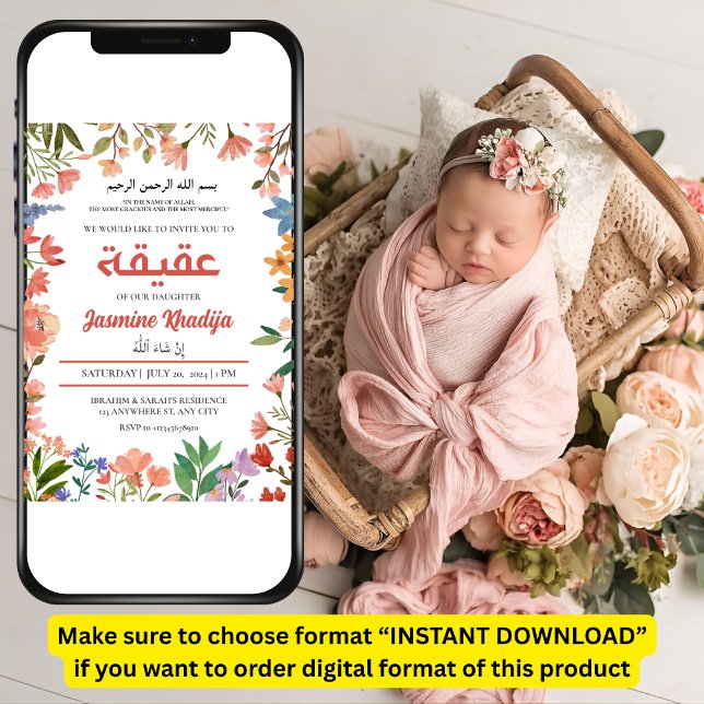 Invitación Niña Rosa Flora Silvestre Musulmana Aqiqah Aqeeqa (Subido por el creador)