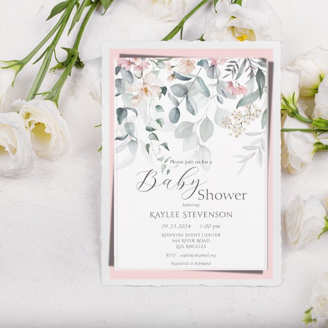 Invitación Niña Rosa Floral Baby Shower moderno (Subido por el creador)