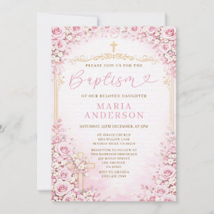 Invitación Niña Rosa Floral Bautizo Tinte Rosa Religión Cruz