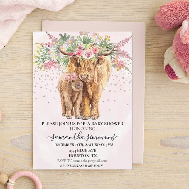 Invitación Niña Rosa Floral Vaca Highland Ternero Baby Shower (Subido por el creador)
