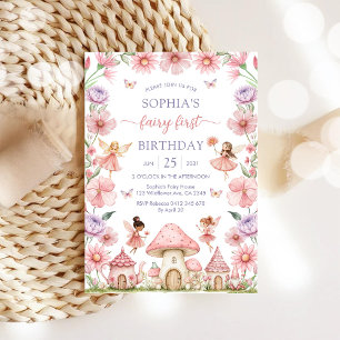 Invitación Niña Rosa Hada Floral Primer Cumpleaños