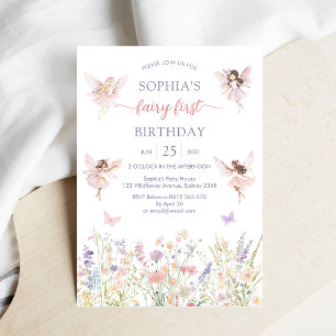 Invitación Niña Rosa Hada Floral Primer Cumpleaños