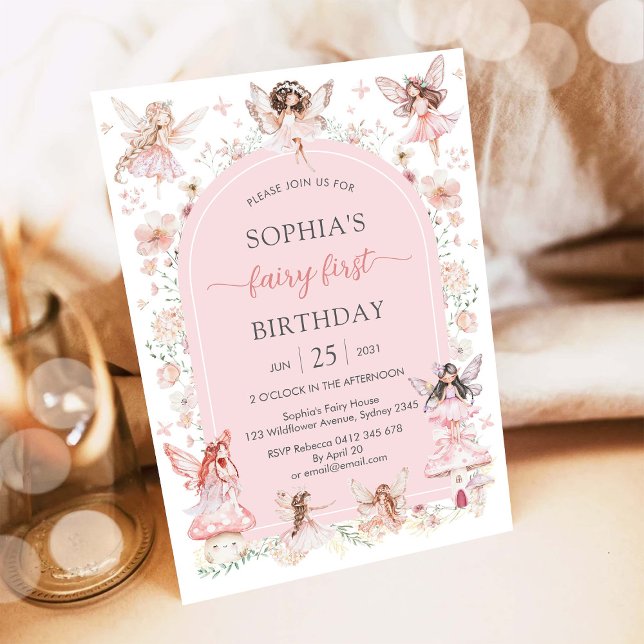 Invitación Niña Rosa Hada Floral Primer Cumpleaños (Subido por el creador)