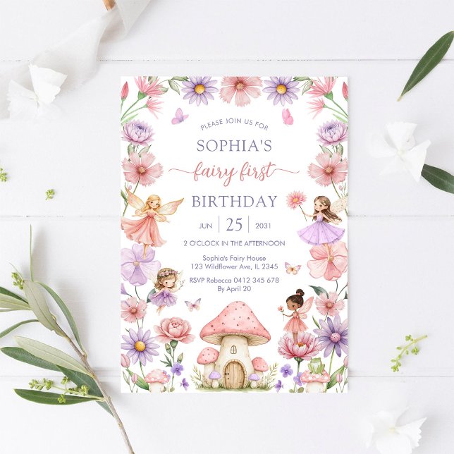 Invitación Niña Rosa Hada Floral Primer Cumpleaños (Subido por el creador)