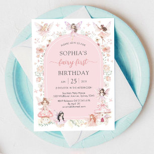 Invitación Niña Rosa Hada Floral Primer Cumpleaños