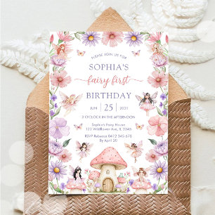 Invitación Niña Rosa Hada Floral Primer Cumpleaños
