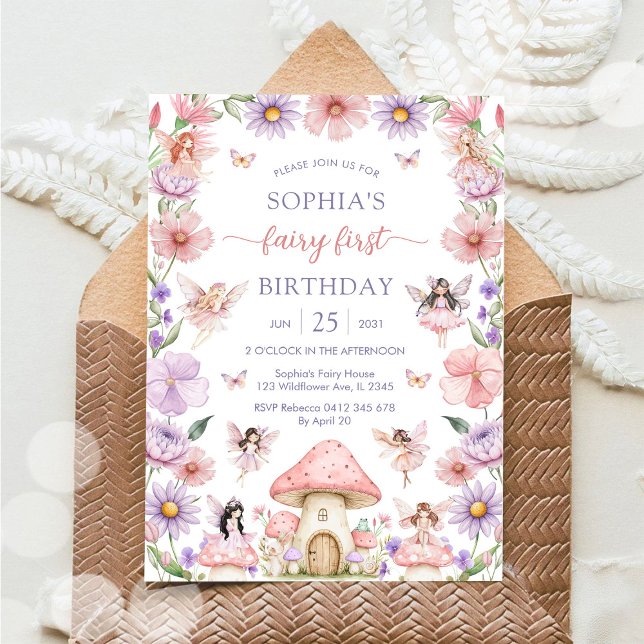 Invitación Niña Rosa Hada Floral Primer Cumpleaños (Subido por el creador)