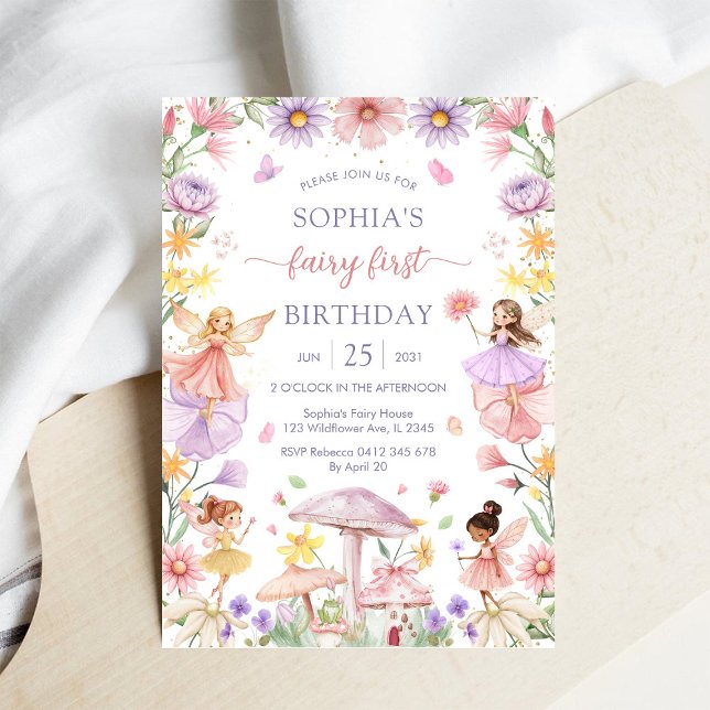 Invitación Niña Rosa Hada Floral Primer Cumpleaños (Subido por el creador)