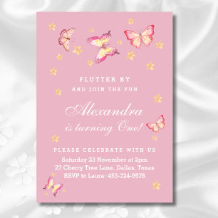 Invitación Niña Rosa Mariposa Primera Fiesta de Cumpleaños