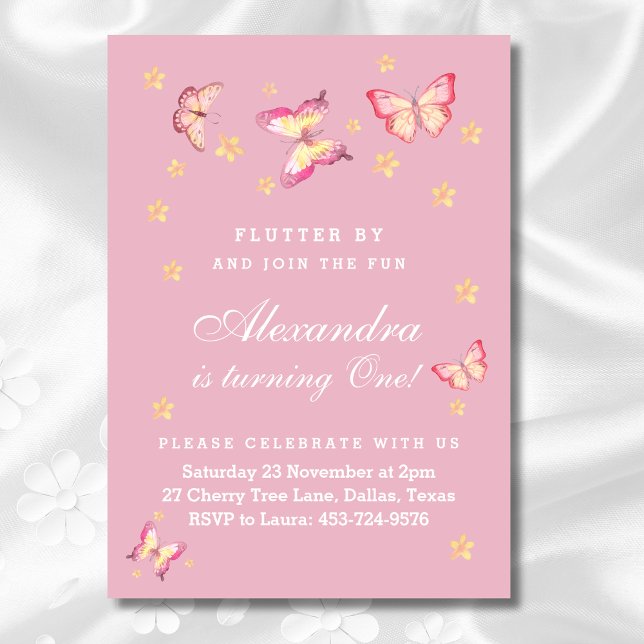 Invitación Niña Rosa Mariposa Primera Fiesta de Cumpleaños (Subido por el creador)