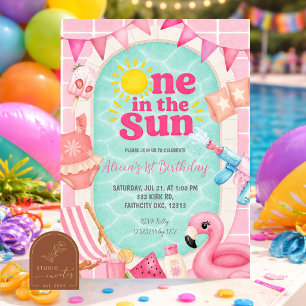 Invitación Niña Rosa Piscina Uno en el Sol Cumpleaños
