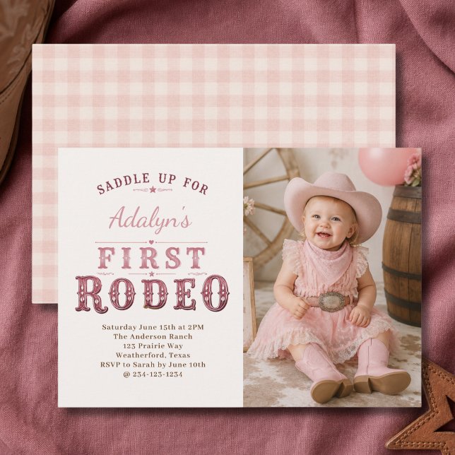 Invitación Niña Rosa Primer Rodeo Foto Cumpleaños 1 (Subido por el creador)