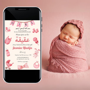 Invitación Niña Rosa Ropa Aqiqah Aqeeqa Islam musulmán