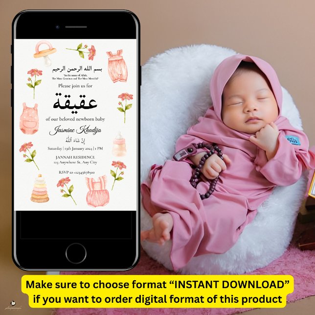 Invitación Niña Rosa Ropa Aqiqah Aqeeqa Musulmana (Subido por el creador)