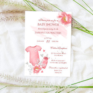 Invitación Niña rosa: ropa de bebé, flores de bebé