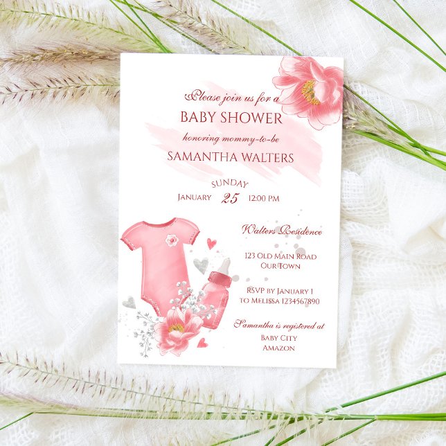 Invitación Niña rosa: ropa de bebé, flores de bebé (Subido por el creador)