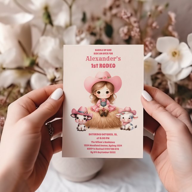 Invitación Niña rosa una primera Fiesta de rodeo de primer cu (Subido por el creador)