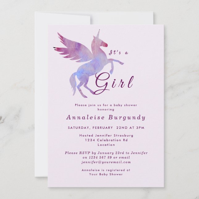 Invitación Niña rosa unicornio ducha caballo alado (Anverso)