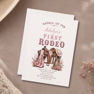 Invitación Niña Rosa Vintage Primer Rodeo Cumpleaños 1