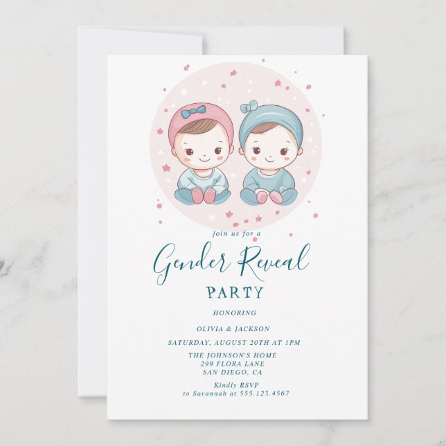 Invitación Niña rosa y azul o Chica Fiesta de revelación de g (Anverso)