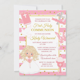 Invitación Niña Rubia con Raya Rosa Primera Comunión