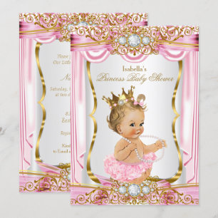 Invitación Niña Rubia Princesa Baby Shower Seda Rosa Oro