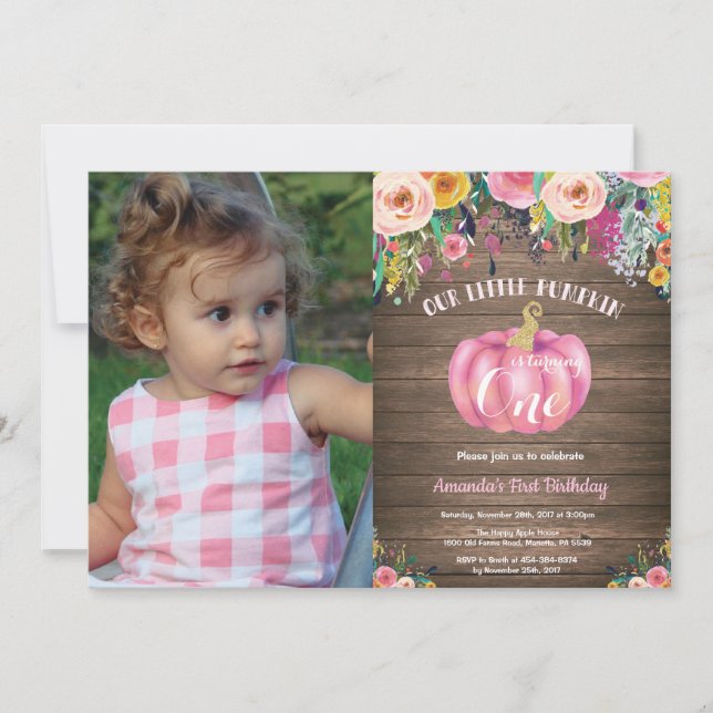 Invitación Niña Rústica Calabaza Cumpleaños Floral Oro (Anverso)