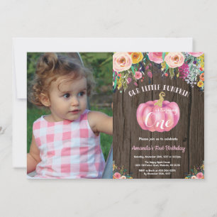 Invitación Niña Rústica Calabaza Primer Cumpleaños Floral Dor
