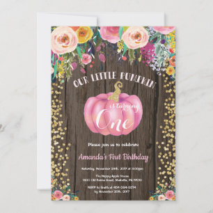 Invitación Niña Rústica Calabaza Primera Cumpleaños Floral Do