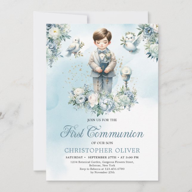 Invitación Niña Santa Biblia Traje formal azul floral (Anverso)