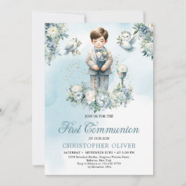 Invitación Niña Santa Biblia Traje formal azul floral