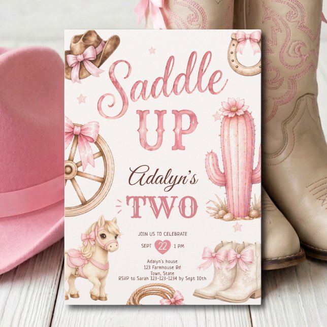 Invitación Niña Silla Occidental Rosa Cumpleaños Caballo 2do  (Subido por el creador)