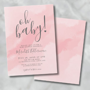 Invitación Niña Simple Rosa Aquarela Oh Fiesta de Bebé