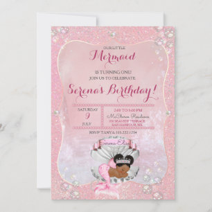 Invitación Niña Sirena Afroamericana Perlas Rosadas Concha