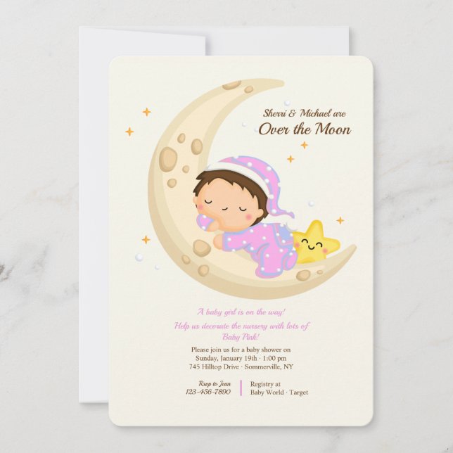 Invitación Niña sobre la luna en Baby Shower (Anverso)