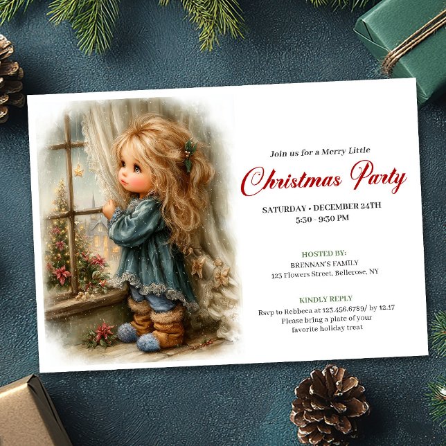 Invitación Niña Soñadora Esperando a Santa Editable  (Dreamful Little Girl Awaiting Santa Editable Invitation)