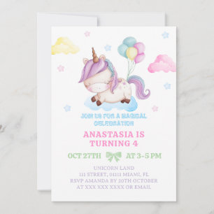 Invitación Niña Unicornio Cumpleaños Mágico 4º Cumpleaños Fie