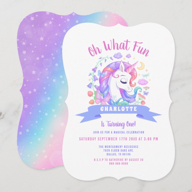 Invitación Niña unicornio Fiesta arcoiris mágico en su primer (Anverso / Reverso)