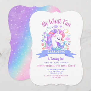 Invitación Niña unicornio Fiesta arcoiris mágico en su primer