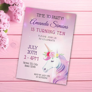 Invitación Niña Unicornio Floral Rosa Mágico Cumpleaños 10