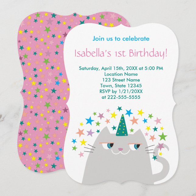 Invitación Niña Unicornio Rosa Cumpleaños 1 año (Anverso / Reverso)