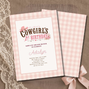 Invitación Niña vaquera rosa de cuadros cumpleaños 1 año