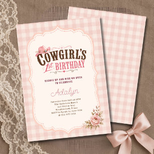 Invitación Niña Vaquera Rosa Gingham Cumpleaños 1