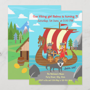 Invitación Niña vikinga y niño en fiesta de cumpleaños con ba