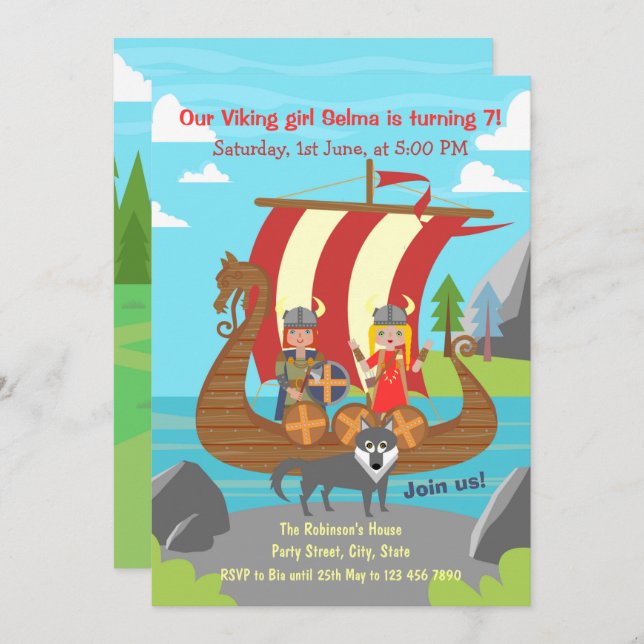 Invitación Niña vikinga y niño en la fiesta de cumpleaños del (Anverso / Reverso)