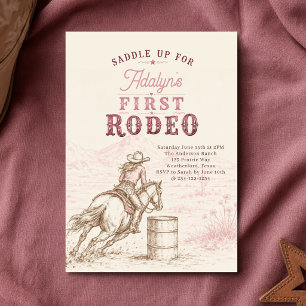 Invitación Niña Vintage Rosa Primer Rodeo Cumpleaños 1
