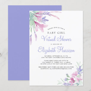 Invitación Niña virtual ducha Flor Morado acuarela